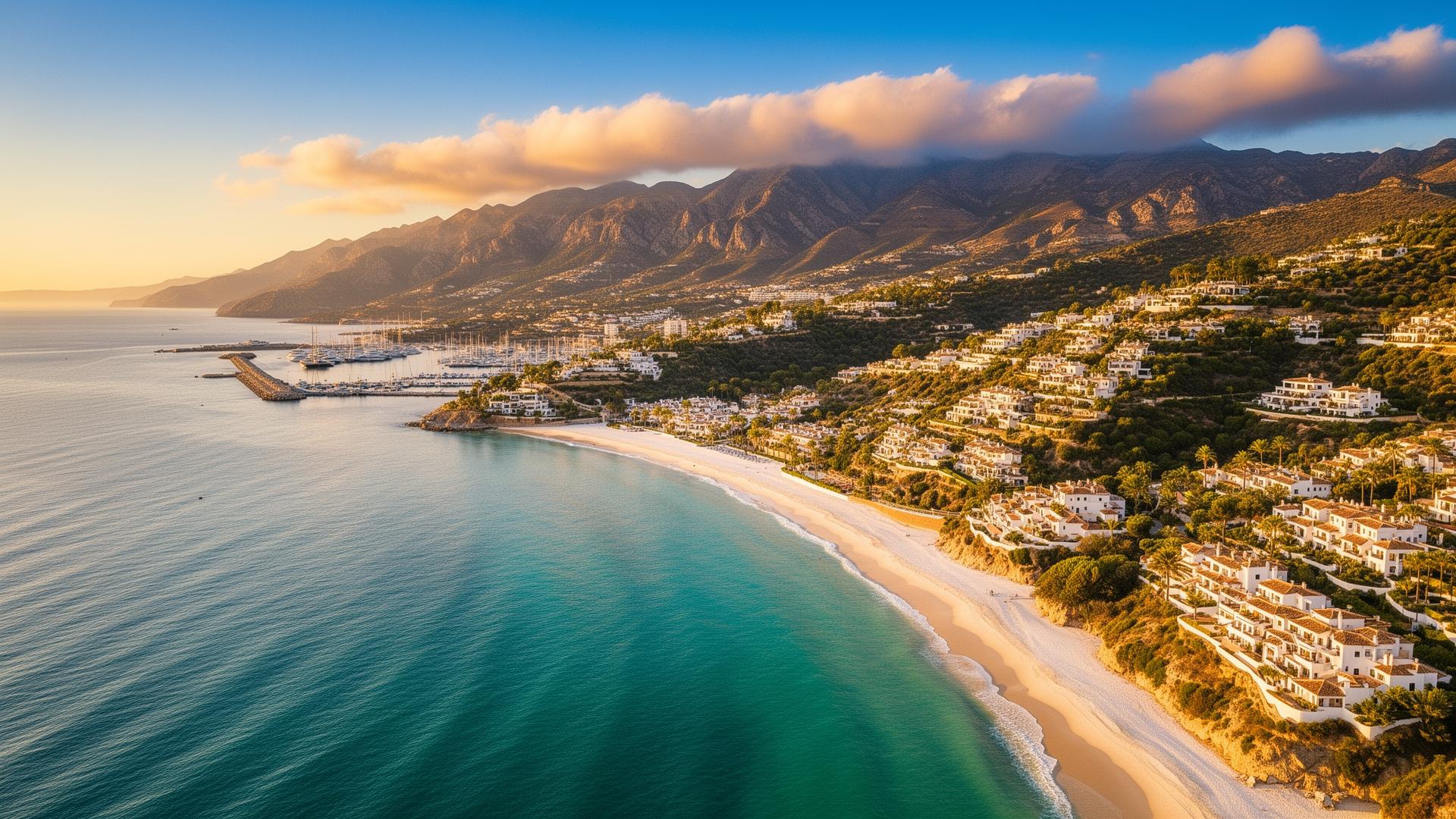 Aerial view of Costa del Sol coastline at golden hour